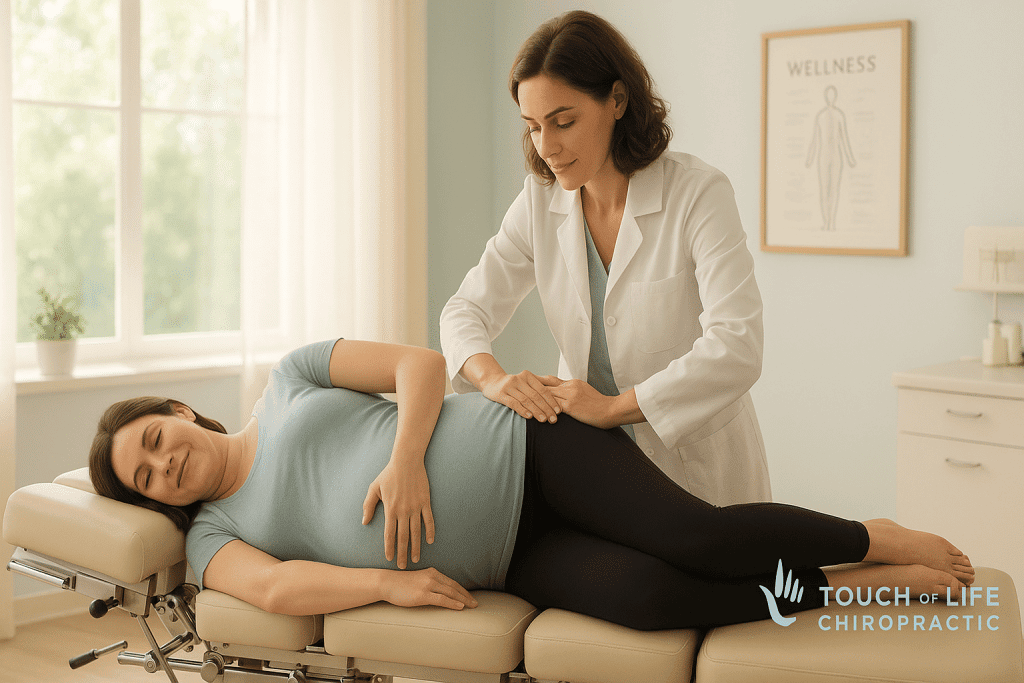 Pregnant woman receiving gentle chiropractic adjustment in Shelby Township, Michigan