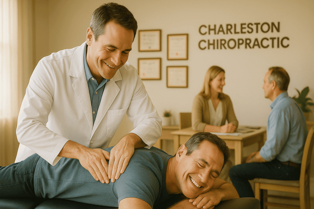 Chiropractor performing spinal adjustment on patient in Charleston, SC, highlighting pain relief and real-life success stories
