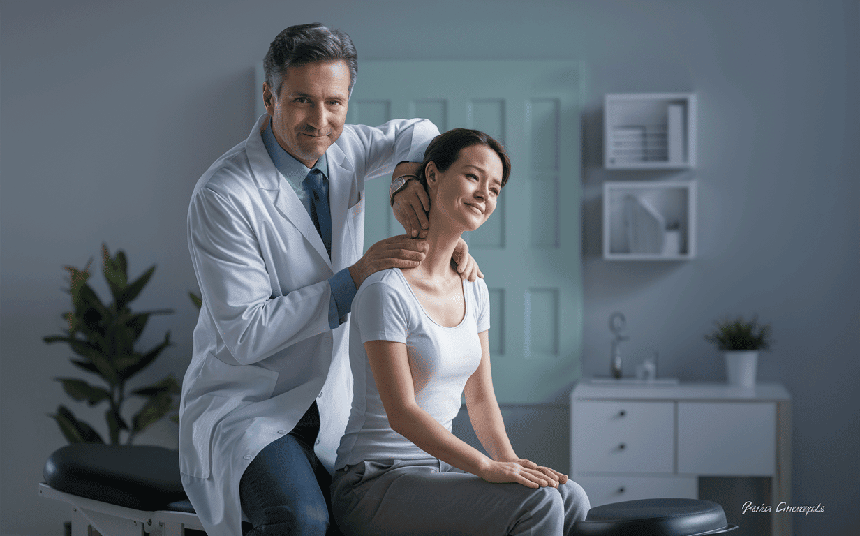 A chiropractor gently adjusting the neck of a patient, likely to alleviate neck pain or headaches